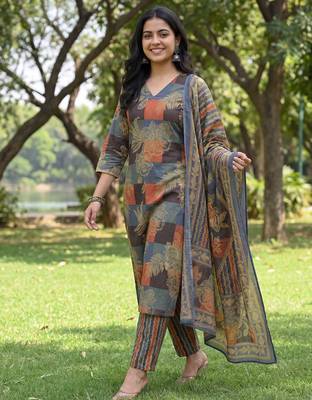 multi straight floral geometric print kurta trouser dupatta set 5