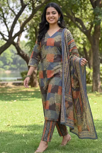 multi straight floral geometric print kurta trouser dupatta set