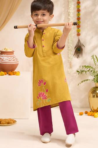 Boys mustard cotton applique embroidery kurta pyjama set