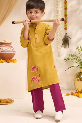 Boys mustard cotton applique embroidery kurta pyjama set
