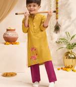 Boys mustard cotton applique embroidery kurta pyjama set