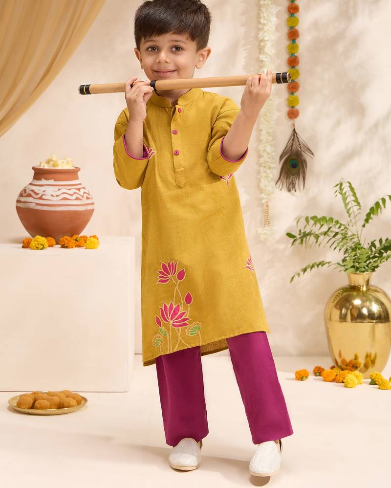 Boys mustard cotton applique embroidery kurta pyjama set