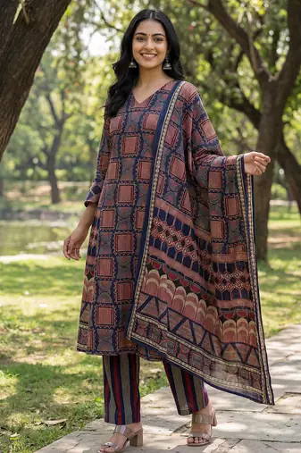 Yufta navy blue straight geometric print with kurta trouser dupatta set