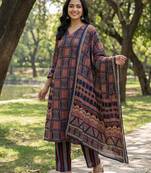Yufta navy blue straight geometric print with kurta trouser dupatta set