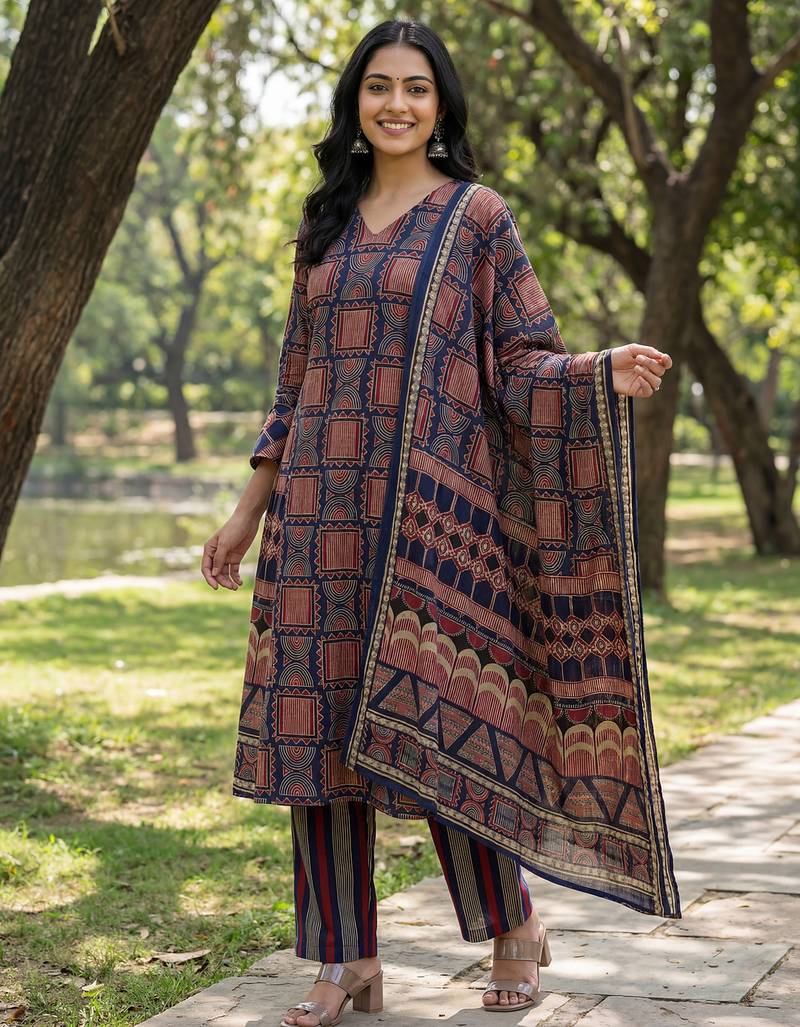 Yufta navy blue straight geometric print with kurta trouser dupatta set