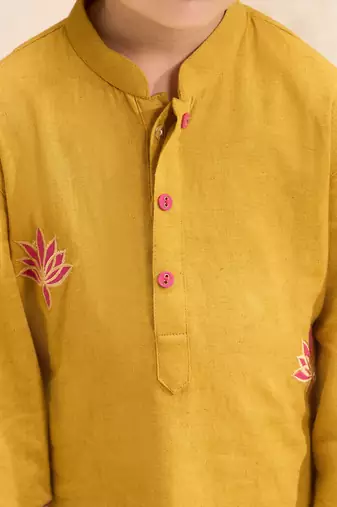 Boys mustard cotton applique embroidery kurta pyjama set
