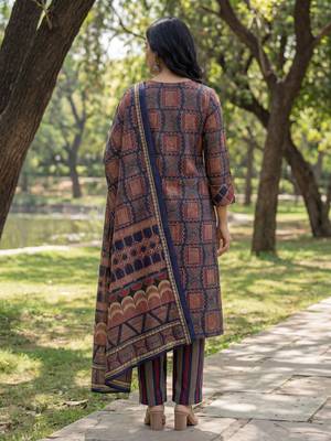 Yufta navy blue straight geometric print with kurta trouser dupatta set 3