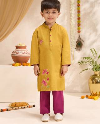 Boys mustard cotton applique embroidery kurta pyjama set 3