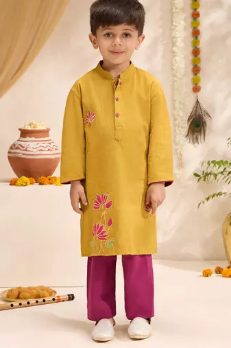 Boys mustard cotton applique embroidery kurta pyjama set