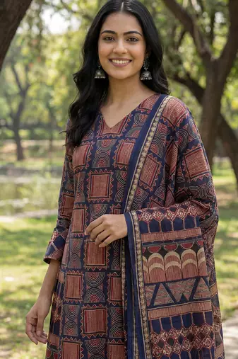 Yufta navy blue straight geometric print with kurta trouser dupatta set