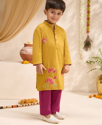 Boys mustard cotton applique embroidery kurta pyjama set 4