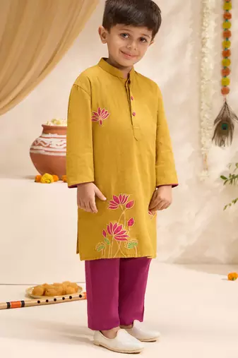 Boys mustard cotton applique embroidery kurta pyjama set