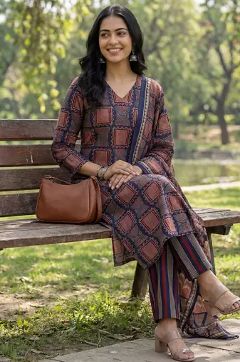 Yufta navy blue straight geometric print with kurta trouser dupatta set
