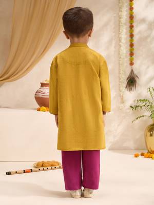Boys mustard cotton applique embroidery kurta pyjama set 5