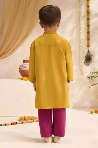 Boys mustard cotton applique embroidery kurta pyjama set