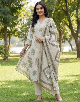 grey straight design striped and floral print with this kurta trouser dupatta set 1