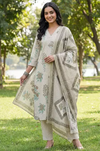 grey straight design striped and floral print with this kurta trouser dupatta set