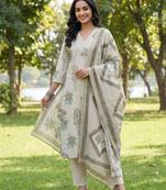 grey straight design striped and floral print with this kurta trouser dupatta set