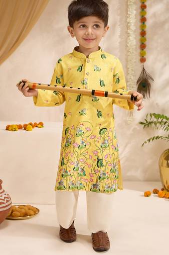 Boys yellow silk blend pichwai print sequin kurta pyjama set