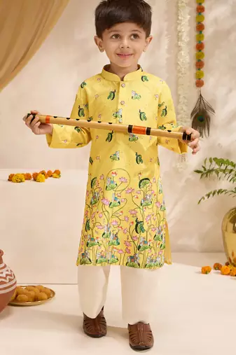 Boys yellow silk blend pichwai print sequin kurta pyjama set