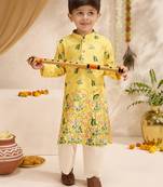 Boys yellow silk blend pichwai print sequin kurta pyjama set