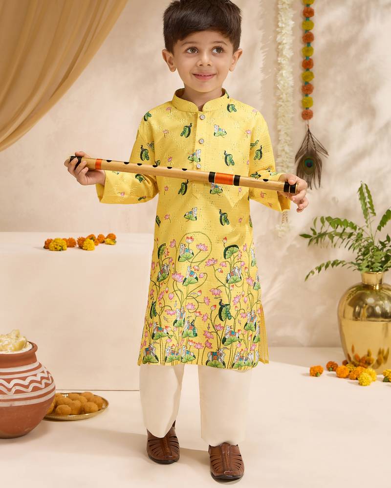 Boys yellow silk blend pichwai print sequin kurta pyjama set