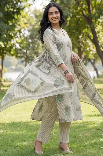 grey straight design striped and floral print with this kurta trouser dupatta set