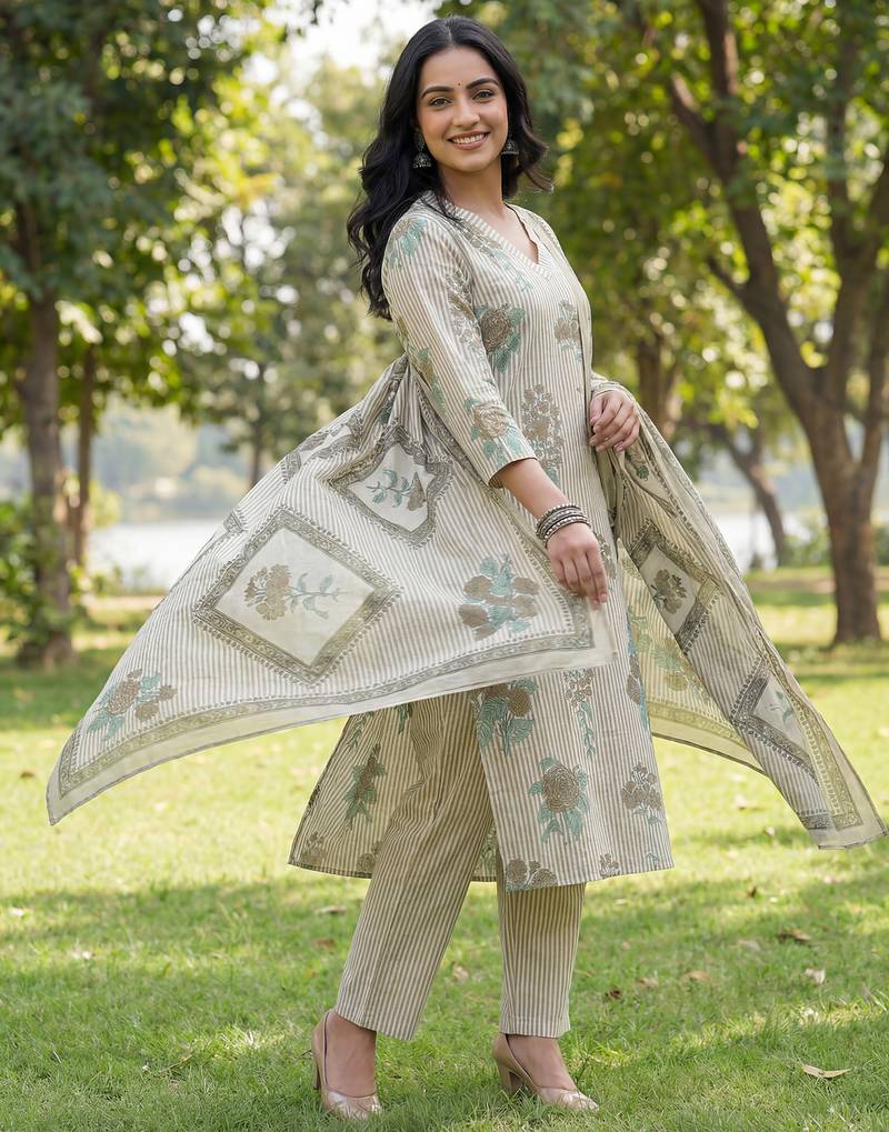 grey straight design striped and floral print with this kurta trouser dupatta set