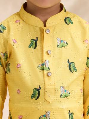 Boys yellow silk blend pichwai print sequin kurta pyjama set 2
