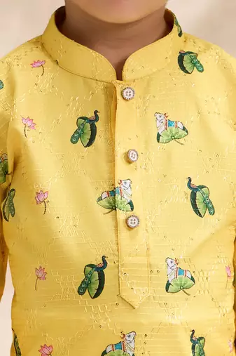 Boys yellow silk blend pichwai print sequin kurta pyjama set