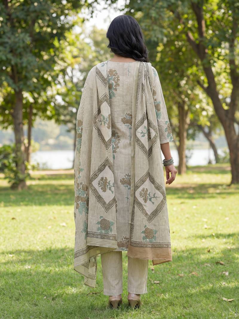 grey straight design striped and floral print with this kurta trouser dupatta set