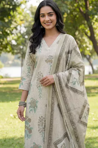 grey straight design striped and floral print with this kurta trouser dupatta set