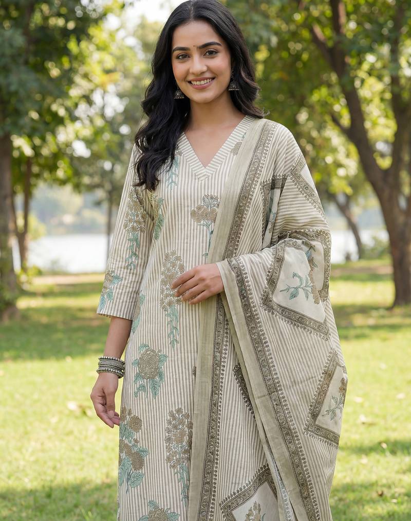 grey straight design striped and floral print with this kurta trouser dupatta set