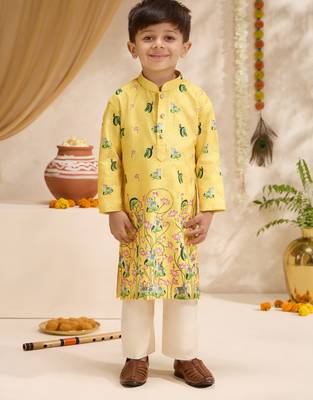 Boys yellow silk blend pichwai print sequin kurta pyjama set 3