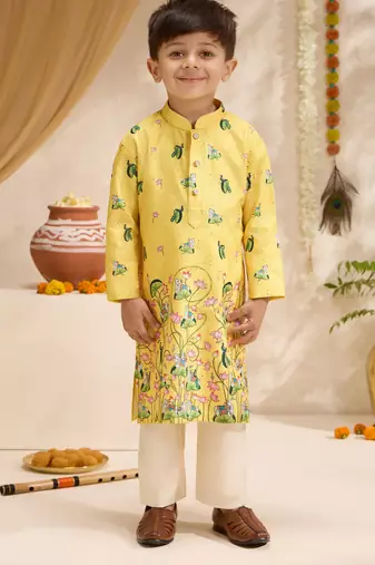 Boys yellow silk blend pichwai print sequin kurta pyjama set