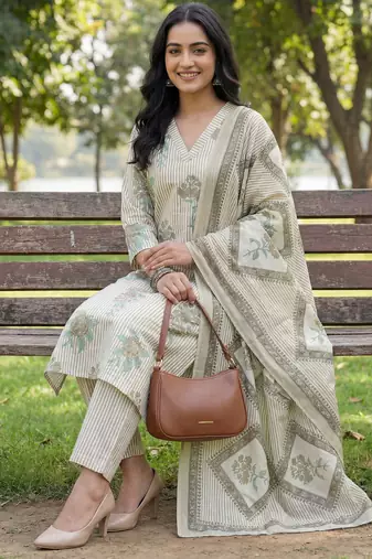 grey straight design striped and floral print with this kurta trouser dupatta set