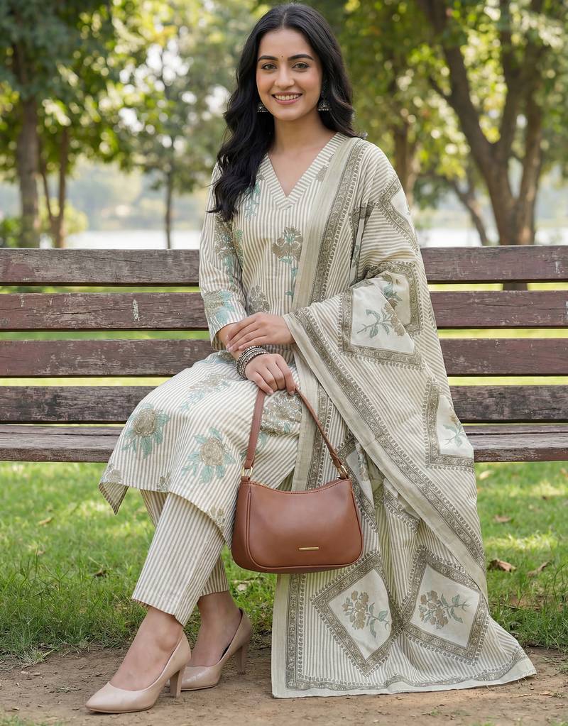 grey straight design striped and floral print with this kurta trouser dupatta set