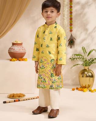 Boys yellow silk blend pichwai print sequin kurta pyjama set 4