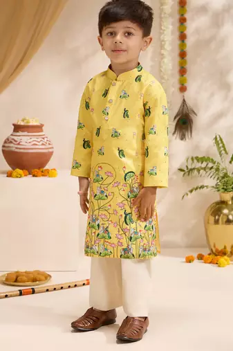 Boys yellow silk blend pichwai print sequin kurta pyjama set