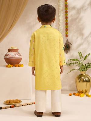 Boys yellow silk blend pichwai print sequin kurta pyjama set 5