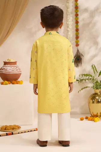 Boys yellow silk blend pichwai print sequin kurta pyjama set
