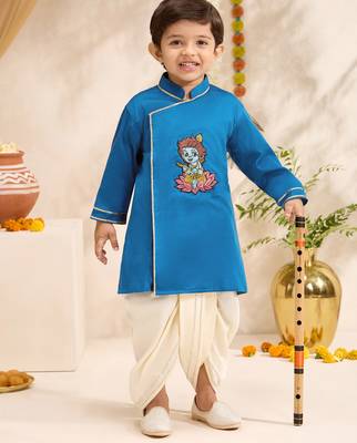 Boys turquoise cotton silk thread embroidery kurta dhoti set 1