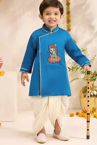 Boys turquoise cotton silk thread embroidery kurta dhoti set