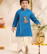 Boys turquoise cotton silk thread embroidery kurta dhoti set