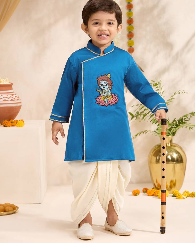 Boys turquoise cotton silk thread embroidery kurta dhoti set