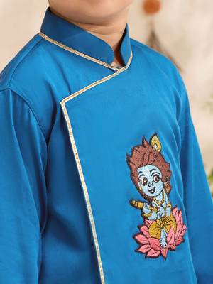 Boys turquoise cotton silk thread embroidery kurta dhoti set 2