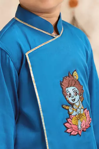 Boys turquoise cotton silk thread embroidery kurta dhoti set
