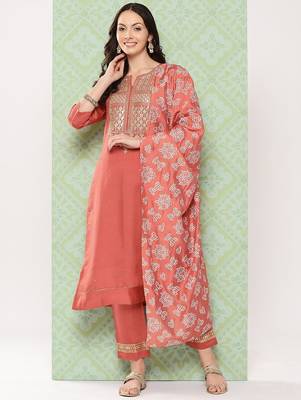 Orange Ethnic Motifs Yoke Design Gotta Patti Kurta with Trousers & With Dupatta 1