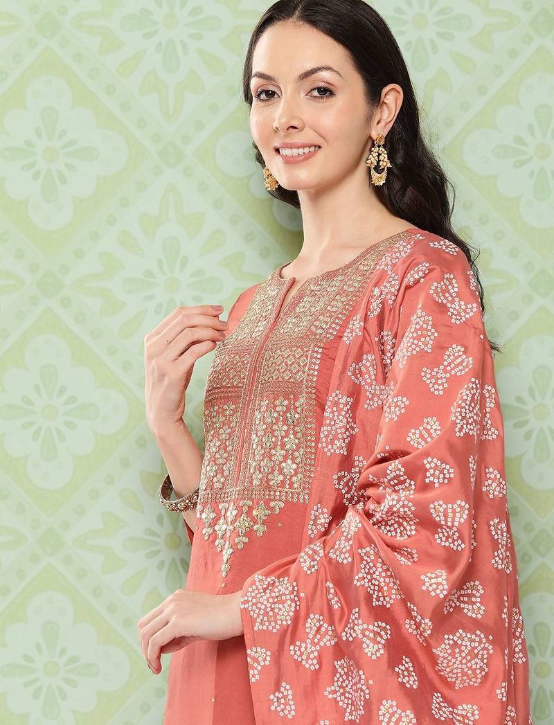 Orange Ethnic Motifs Yoke Design Gotta Patti Kurta with Trousers & With Dupatta