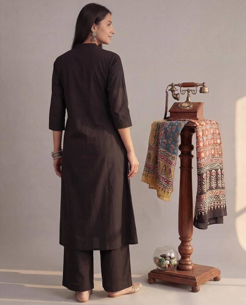 black solid a-line design features pintuck pleats kurta palazzo set